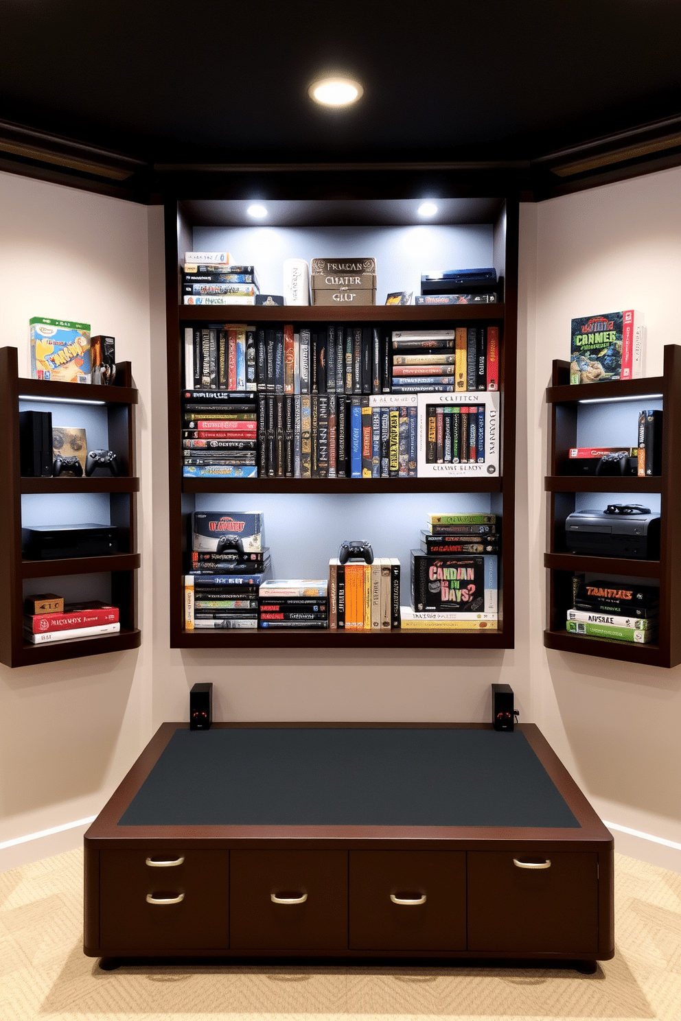 A stylish home game room featuring wall-mounted shelves designed for game storage. The shelves are crafted from dark wood, showcasing an organized collection of board games and gaming consoles, with decorative lighting highlighting the display.