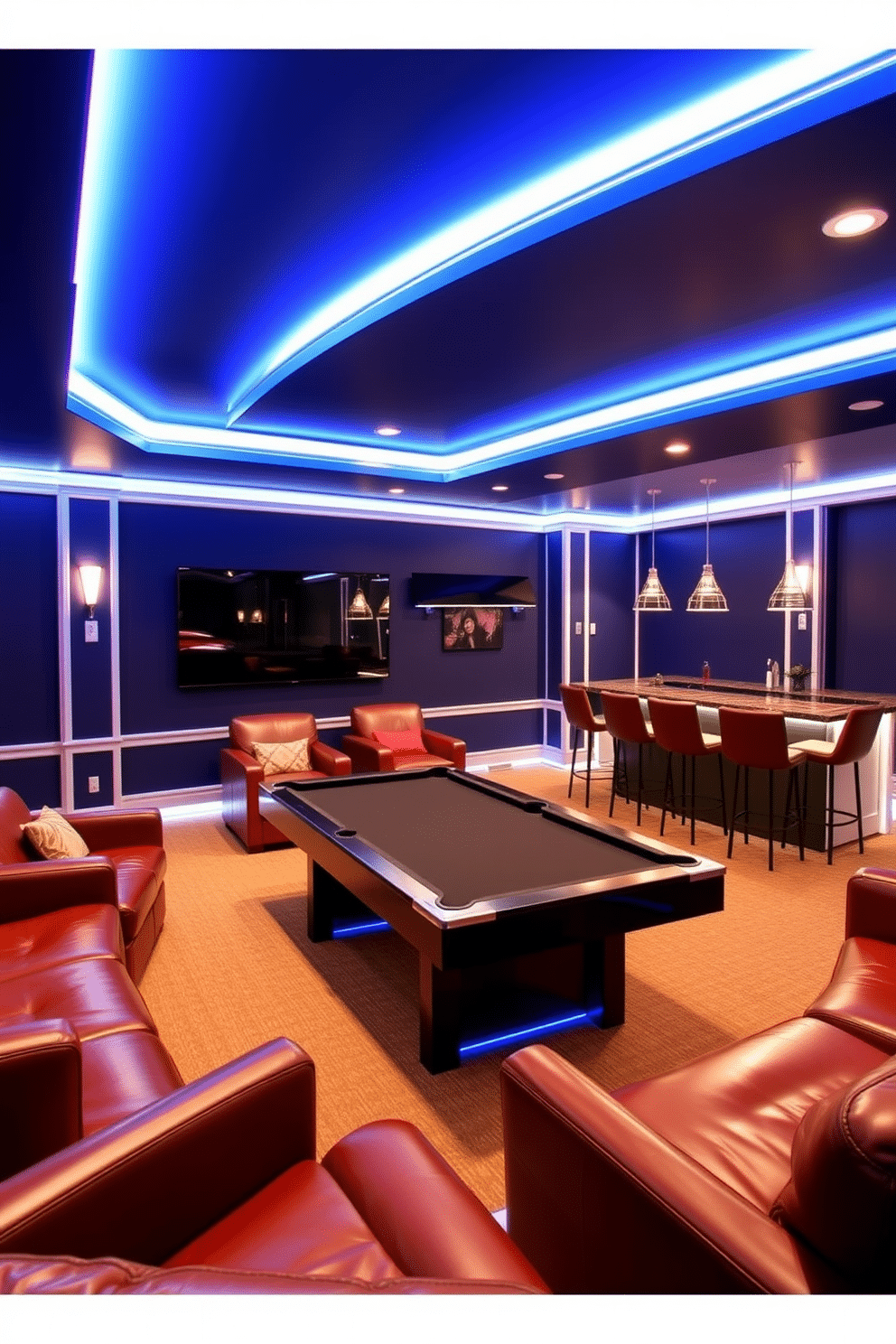 A vibrant home game room featuring LED strip lighting that enhances the atmosphere. The walls are painted a deep navy blue, and the ceiling is adorned with recessed lights that complement the glowing strips along the edges. A sleek pool table occupies the center of the room, surrounded by plush seating in rich leather. On one side, a bar area showcases a stylish countertop with high stools, illuminated by pendant lights that add a touch of elegance.