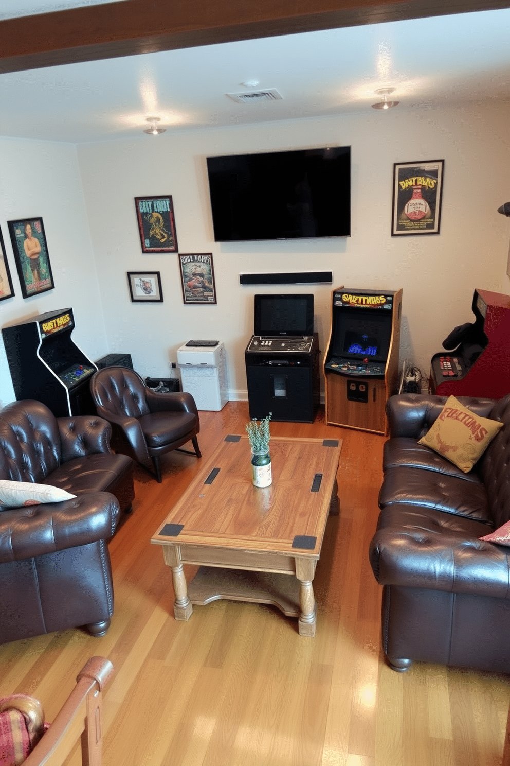 A cozy game room featuring vintage furniture, including a plush leather sofa and a classic wooden coffee table, seamlessly integrates modern technology with a large flat-screen TV mounted on the wall. The space is accented by retro arcade machines and a sleek gaming console setup, creating a perfect blend of nostalgia and contemporary comfort. The walls are adorned with framed vintage posters, while the flooring is a warm hardwood that adds to the inviting atmosphere. Soft ambient lighting from stylish fixtures enhances the room's charm, making it an ideal spot for both relaxation and entertainment.