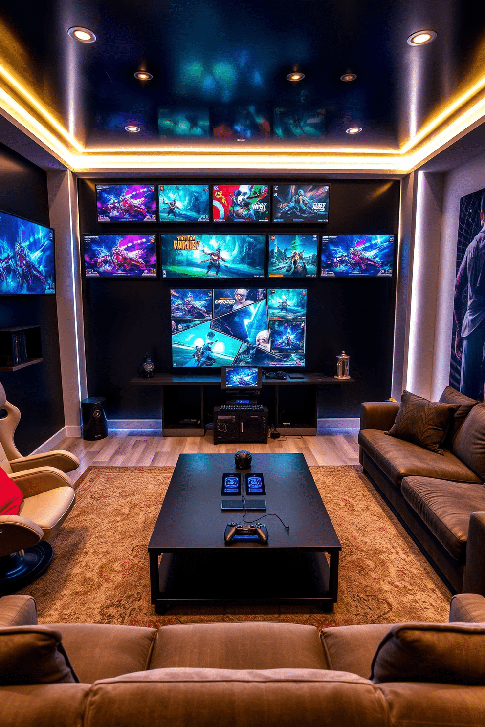 A dynamic home game room featuring an interactive gaming wall adorned with multiple screens, each displaying vibrant graphics and engaging visuals. The space is illuminated with LED strip lighting, creating an immersive atmosphere for gaming enthusiasts. Comfortable seating arrangements, including plush gaming chairs and a sectional sofa, are positioned for optimal viewing angles. A sleek coffee table with built-in charging ports sits at the center, surrounded by gaming accessories and stylish decor.