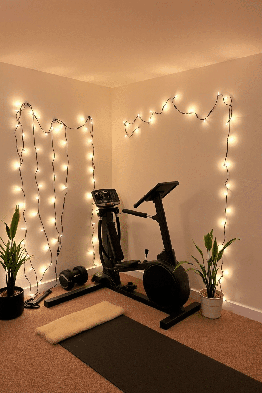 A cozy home gym adorned with festive string lights draped around the workout equipment, creating a warm and inviting atmosphere. The walls are painted in a calming neutral tone, while a plush yoga mat and decorative potted plants add a touch of greenery to the space.