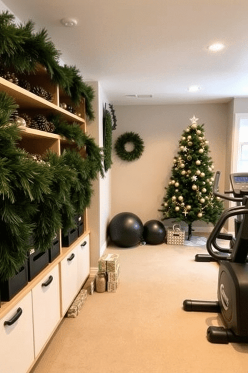 A cozy home gym adorned for the holidays. Shelves are decorated with pinecones and lush greenery, creating a festive yet serene atmosphere. In one corner, a small tree is decorated with subtle ornaments, while fitness equipment is neatly arranged to maintain functionality. Warm lighting enhances the inviting feel, making it a perfect space for both workouts and holiday cheer.