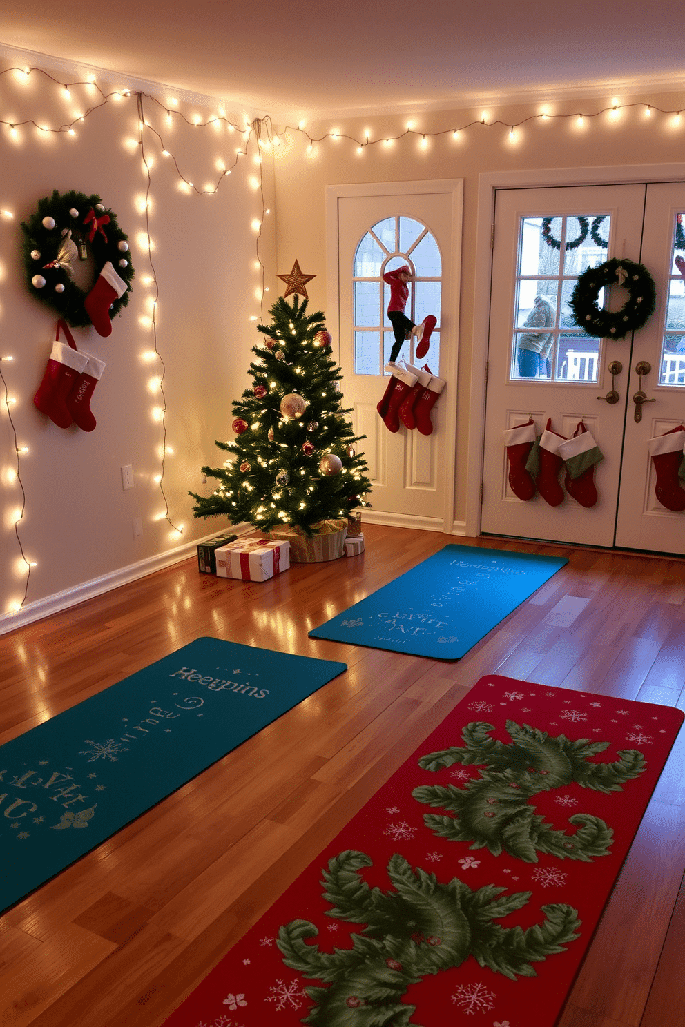 A cozy home gym adorned for the holiday season. The space features vibrant Christmas-themed yoga mats rolled out on a polished wooden floor, surrounded by twinkling fairy lights draped along the walls. In one corner, a small Christmas tree is decorated with fitness-themed ornaments, while a festive wreath hangs on the door. Stockings filled with workout accessories are hung by the window, creating a cheerful and motivating atmosphere for holiday workouts.