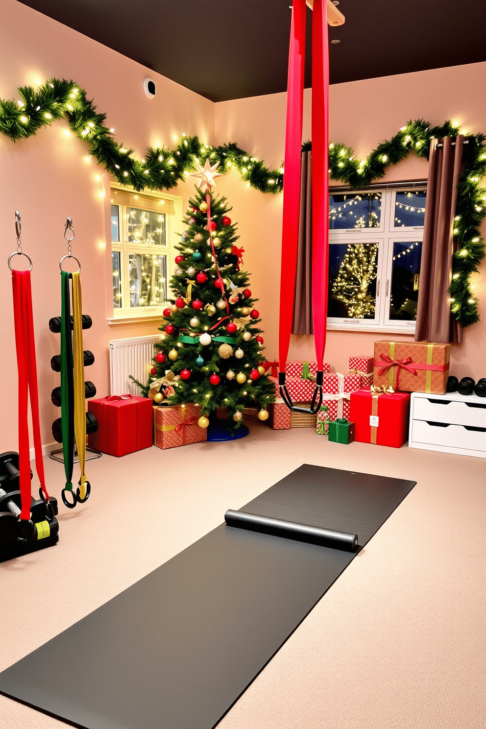 A vibrant home gym decorated for the holidays, featuring resistance bands in seasonal colors like red, green, and gold. The walls are adorned with festive garlands, and a large Christmas tree stands in the corner, surrounded by neatly wrapped presents. The workout area includes a sleek exercise mat and stylish storage solutions for weights and bands. Twinkling fairy lights illuminate the space, creating a warm and inviting atmosphere perfect for holiday workouts.