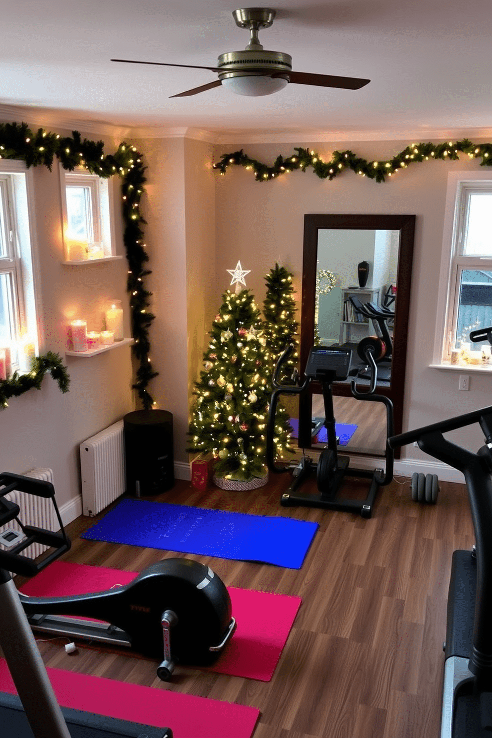 A cozy home gym adorned with holiday candles strategically placed on shelves and windowsills, casting a warm glow throughout the space. The walls are decorated with festive garlands, while a small Christmas tree stands in the corner, adding a touch of seasonal cheer. The gym equipment is tastefully arranged, with colorful workout mats and weights complemented by twinkling fairy lights overhead. A large mirror reflects the inviting ambiance, creating a perfect setting for both fitness and holiday spirit.