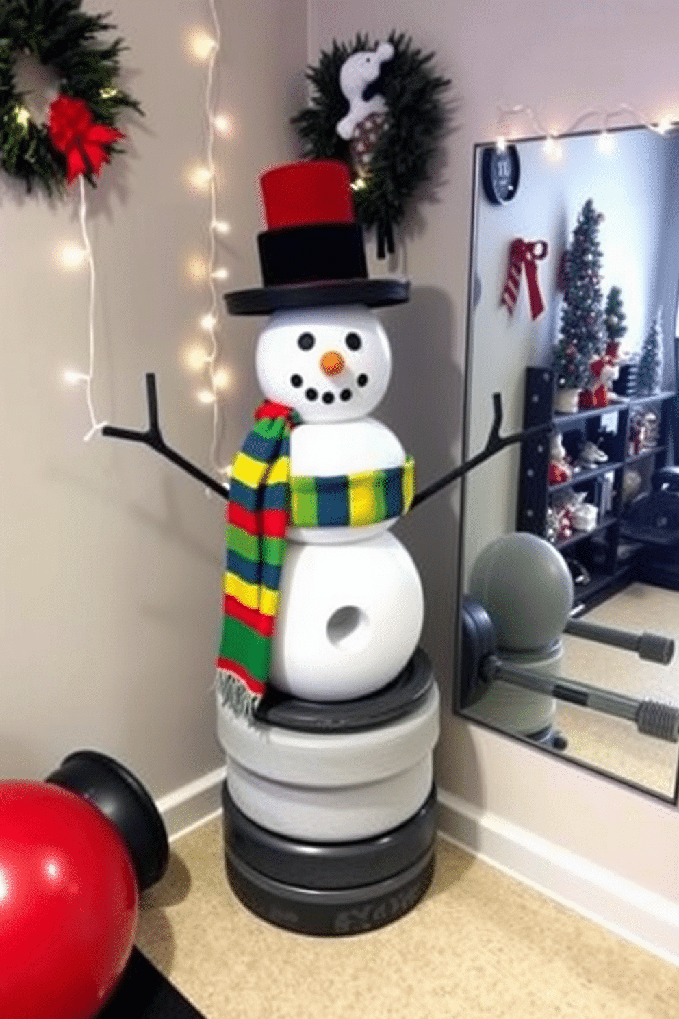 A DIY snowman made from weights stands proudly in the corner of a home gym. The snowman is constructed using three stacked weights of varying sizes, adorned with a colorful scarf and a top hat, creating a festive and playful atmosphere. For Christmas decorating ideas in a home gym, hang string lights along the walls and drape festive garlands over workout equipment. Add small Christmas trees or holiday-themed decorations on shelves to bring a cheerful holiday spirit into your fitness space.