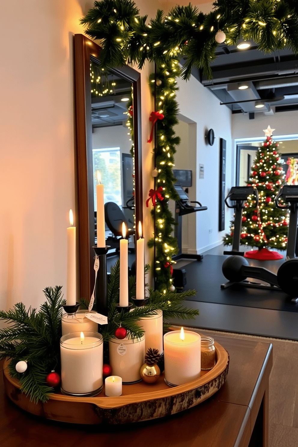 A cozy corner featuring a collection of scented holiday candles arranged on a rustic wooden tray. The candles vary in height and are surrounded by pine branches and small ornaments, creating a warm and inviting atmosphere. A modern home gym adorned with festive Christmas decorations, including garlands draped over workout equipment. The space features a large mirror reflecting twinkling lights and a vibrant tree in the corner, blending fitness with holiday cheer.