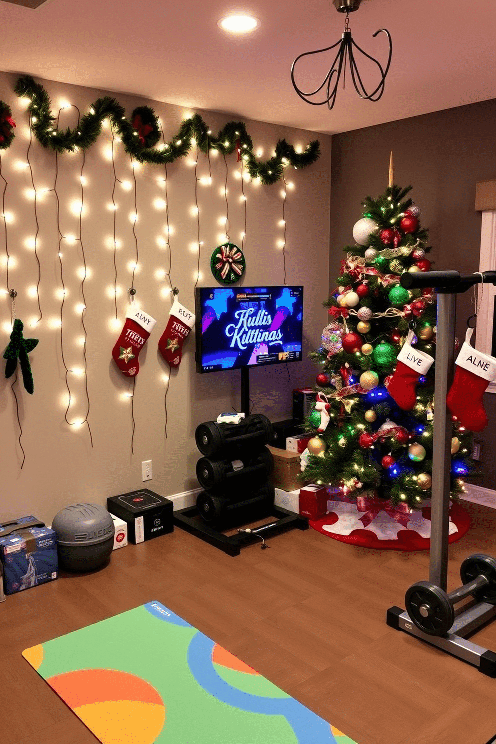 A festive home gym adorned with holiday decorations. The walls are draped in twinkling string lights, and a large Christmas tree stands in the corner, decorated with fitness-themed ornaments. A cozy workout area featuring a colorful exercise mat and weights. Stockings hang from the equipment, and a festive playlist plays softly in the background, setting a cheerful atmosphere for the season.