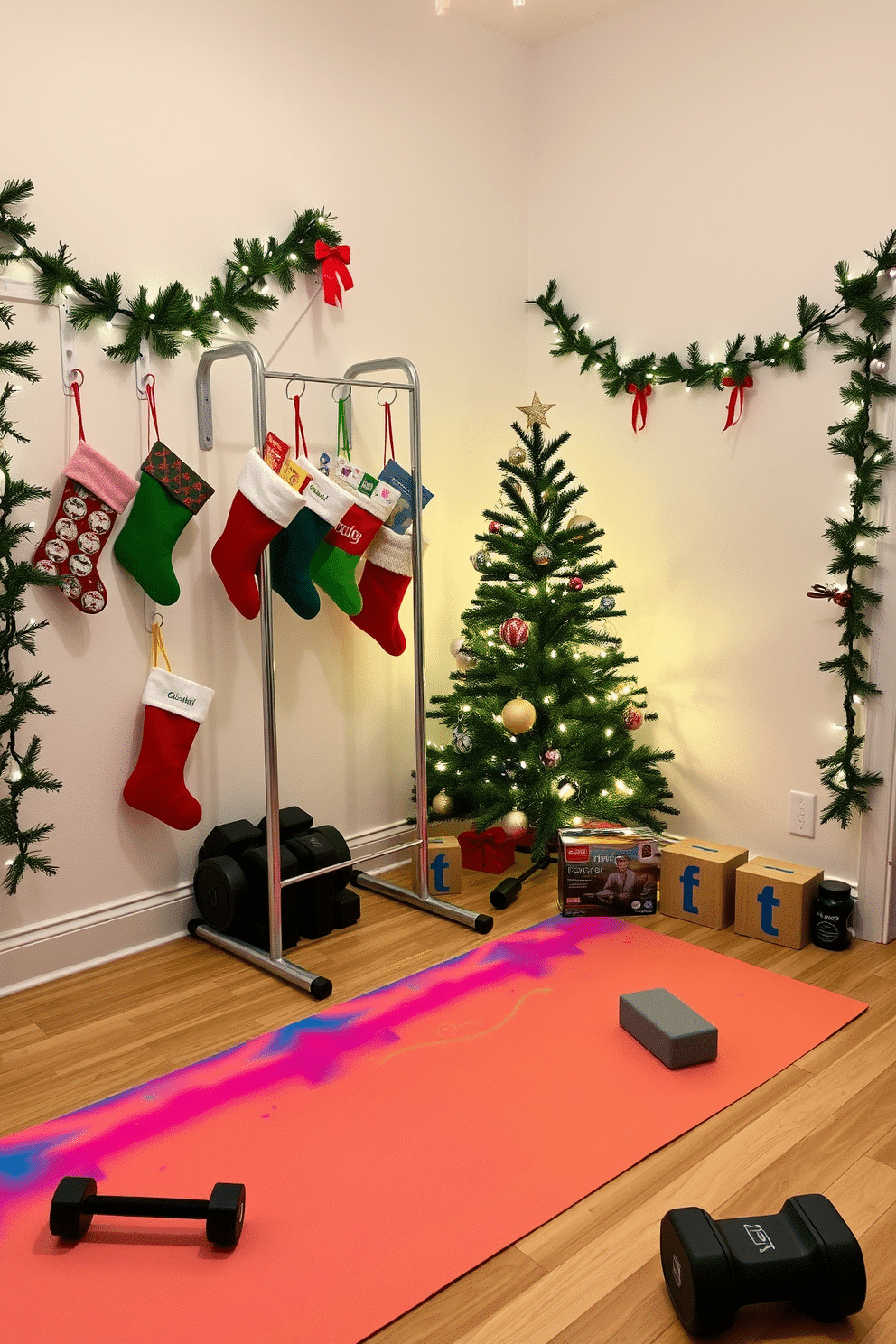 A cozy home gym adorned for the holidays. The walls are decorated with festive garlands, and colorful Christmas stockings filled with fitness goodies hang from a sleek metal rack. In the corner, a small Christmas tree is draped with lights and fitness-themed ornaments. A vibrant exercise mat is rolled out on the floor, surrounded by weights and yoga blocks, creating a cheerful workout space.