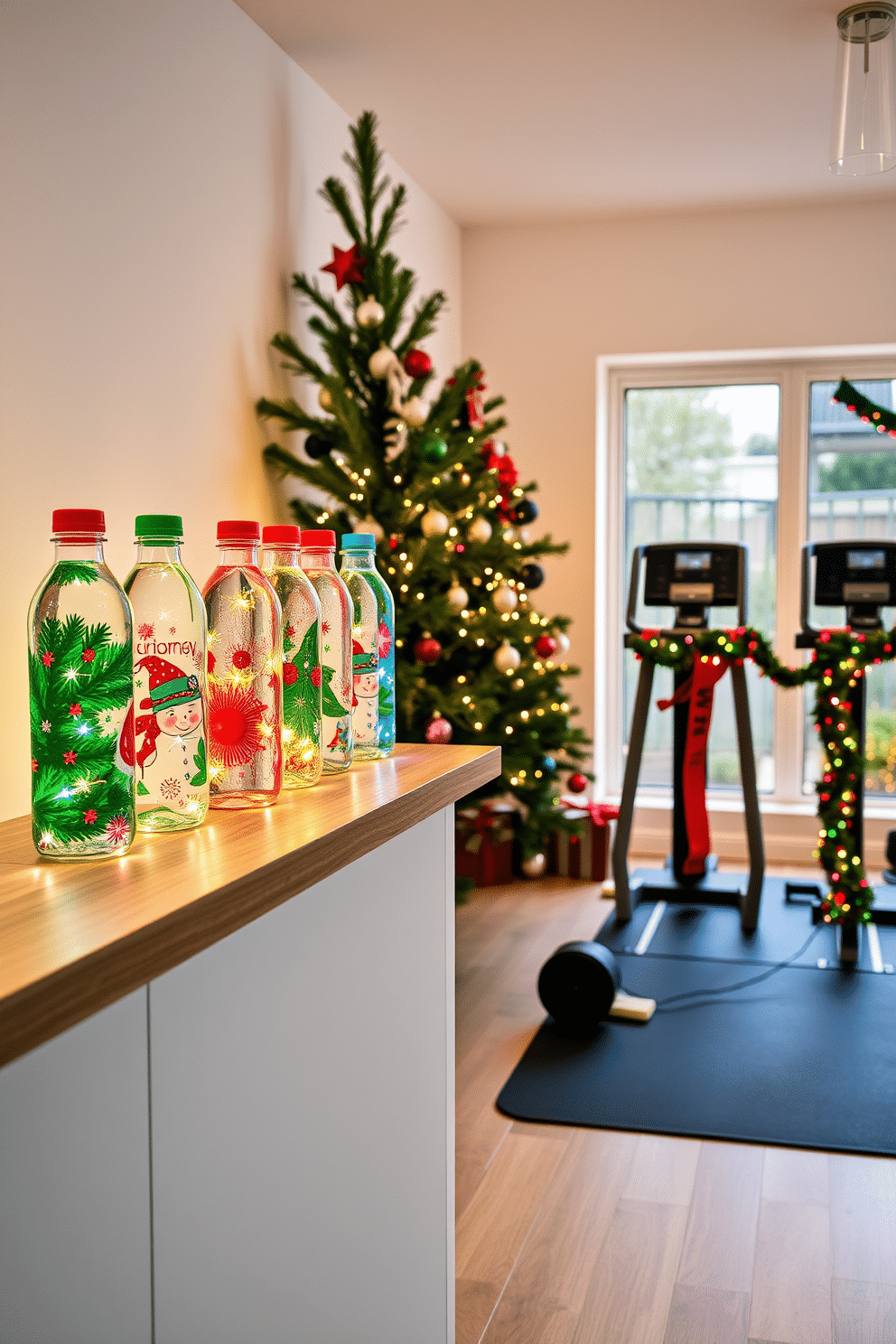 Festive water bottles on display, arranged on a sleek wooden shelf in a bright kitchen. Each bottle features vibrant holiday-themed designs, with twinkling fairy lights strung around them, creating a cheerful and inviting atmosphere. Home gym decorated for Christmas, showcasing a modern workout space adorned with festive touches. A large tree stands in the corner, decorated with fitness-themed ornaments, while colorful garlands drape over exercise equipment, blending holiday spirit with a healthy lifestyle.