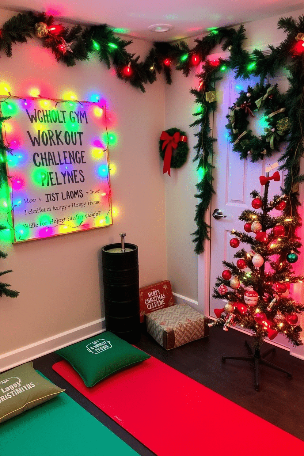 A festive home gym decorated for the holidays features a workout challenge board adorned with colorful Christmas lights and motivational quotes. The walls are draped with evergreen garlands, and a cheerful wreath hangs on the door, creating an inviting atmosphere for fitness enthusiasts. Brightly colored exercise mats are arranged on the floor, complemented by holiday-themed cushions for comfort. A small Christmas tree stands in the corner, decorated with miniature dumbbells and fitness ornaments, enhancing the holiday spirit while promoting an active lifestyle.