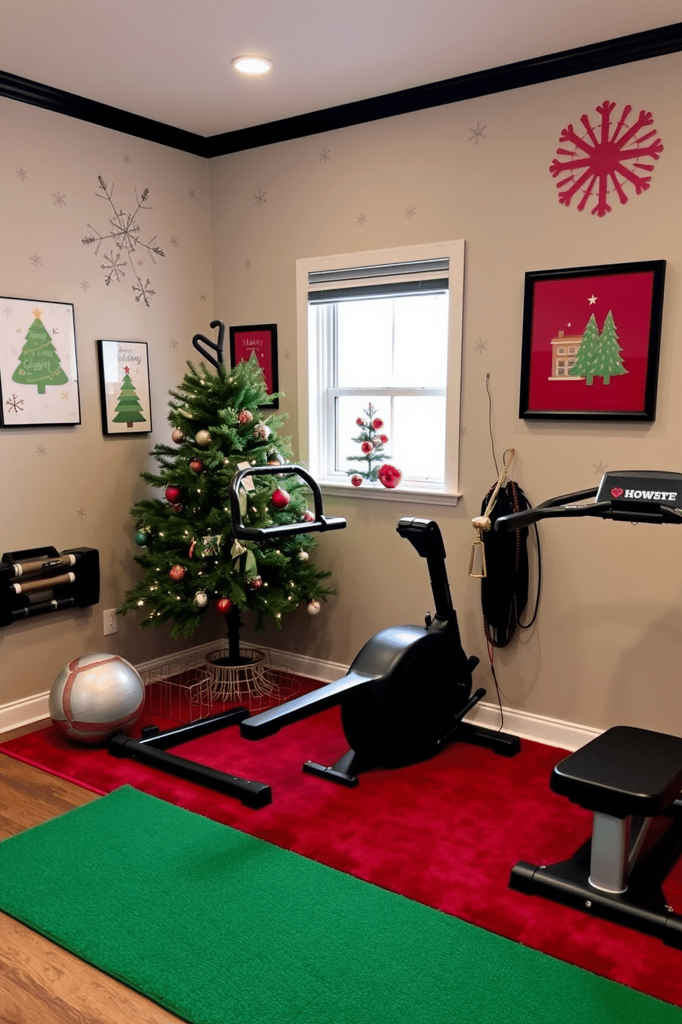 A cozy home gym adorned with holiday-themed wall art and prints. The walls are decorated with cheerful, festive designs featuring snowflakes and Christmas trees, creating an inviting atmosphere for workouts. In one corner, a small Christmas tree is tastefully decorated with lights and ornaments, adding a festive touch. A plush red and green rug lies beneath the workout equipment, enhancing the holiday spirit while providing comfort during exercise sessions.