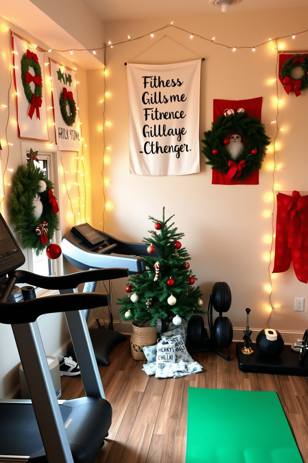 A cozy home gym adorned with festive holiday banners hanging from the walls, creating a cheerful atmosphere. The space features a sleek treadmill and a set of weights, all surrounded by twinkling string lights that add a warm glow to the workout area. In one corner, a small Christmas tree is decorated with fitness-themed ornaments, bringing a playful touch to the room. A motivational quote banner hangs above a yoga mat, encouraging a balance of fitness and holiday cheer.