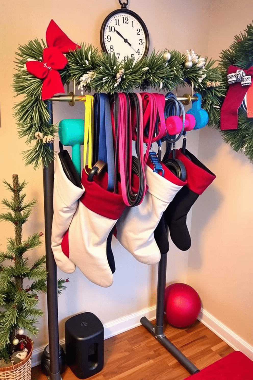 A cozy home gym adorned for the holidays. Stockings are hung on a decorative rack, filled with fitness accessories like resistance bands and small weights, adding a festive touch to the workout space.