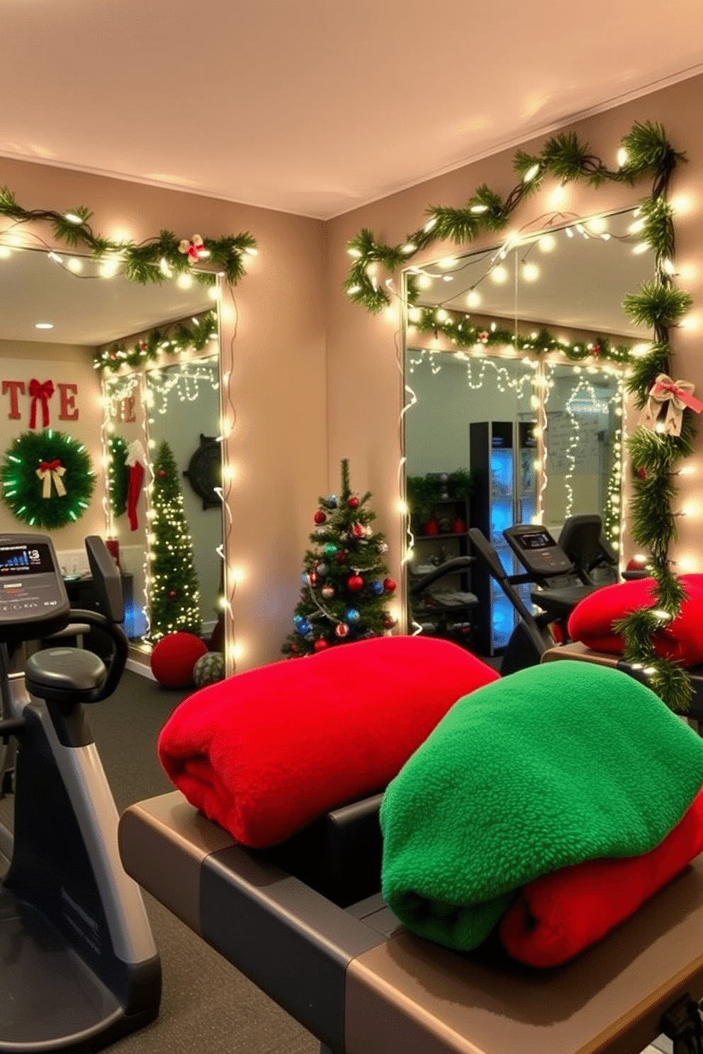 A home gym adorned with festive Christmas lights strung around the mirrors creates a vibrant and inviting atmosphere. The lights twinkle softly, enhancing the space while inspiring motivation for workouts during the holiday season. Decorative elements like a small Christmas tree in the corner and festive garlands draped over equipment add a cheerful touch. Plush red and green towels are neatly arranged, complementing the holiday theme and encouraging a warm, festive spirit while exercising.