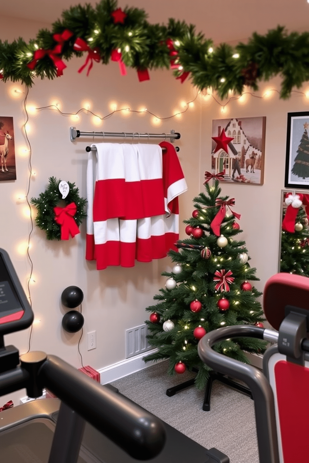 A home gym adorned with festive Christmas decorations. Red and white towels are neatly arranged on a rack, adding a cheerful touch to the space. The walls are adorned with string lights and holiday-themed artwork, creating a warm and inviting atmosphere. A small Christmas tree stands in the corner, surrounded by exercise equipment, blending fitness with holiday cheer.