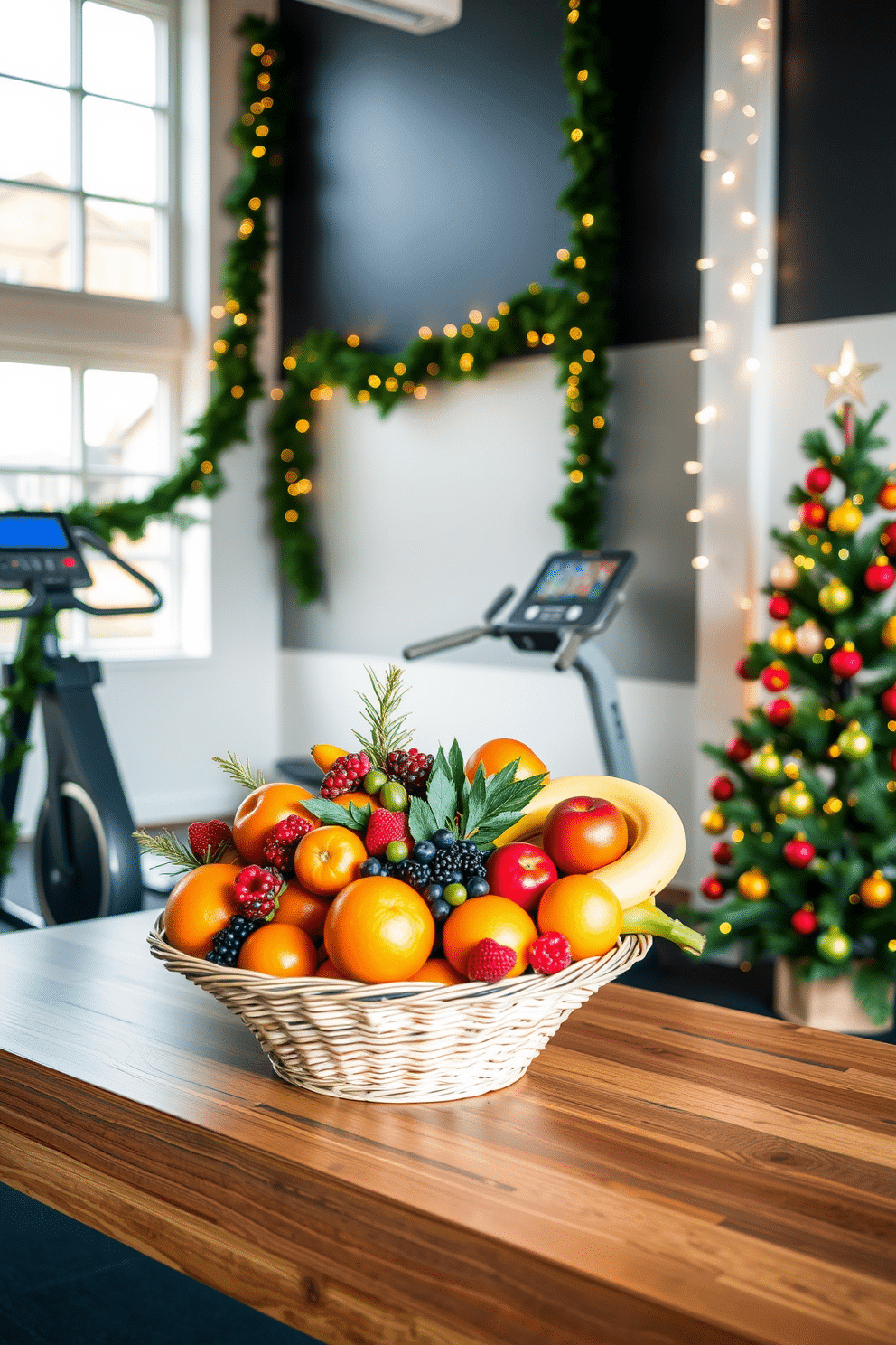 A vibrant seasonal fruit basket is arranged on a sleek wooden table, featuring an assortment of fresh oranges, apples, bananas, and berries, all artfully displayed in a woven bowl. The backdrop includes a bright, airy home gym with large windows, allowing natural light to illuminate the colorful fruits, creating an inviting post-workout refreshment area. For Christmas decorating ideas in a home gym, a festive theme is incorporated with garlands of greenery draped across the exercise equipment and twinkling fairy lights strung along the walls. A small Christmas tree is positioned in the corner, adorned with ornaments in vibrant colors that complement the gym's decor, adding a cheerful holiday spirit to the workout space.