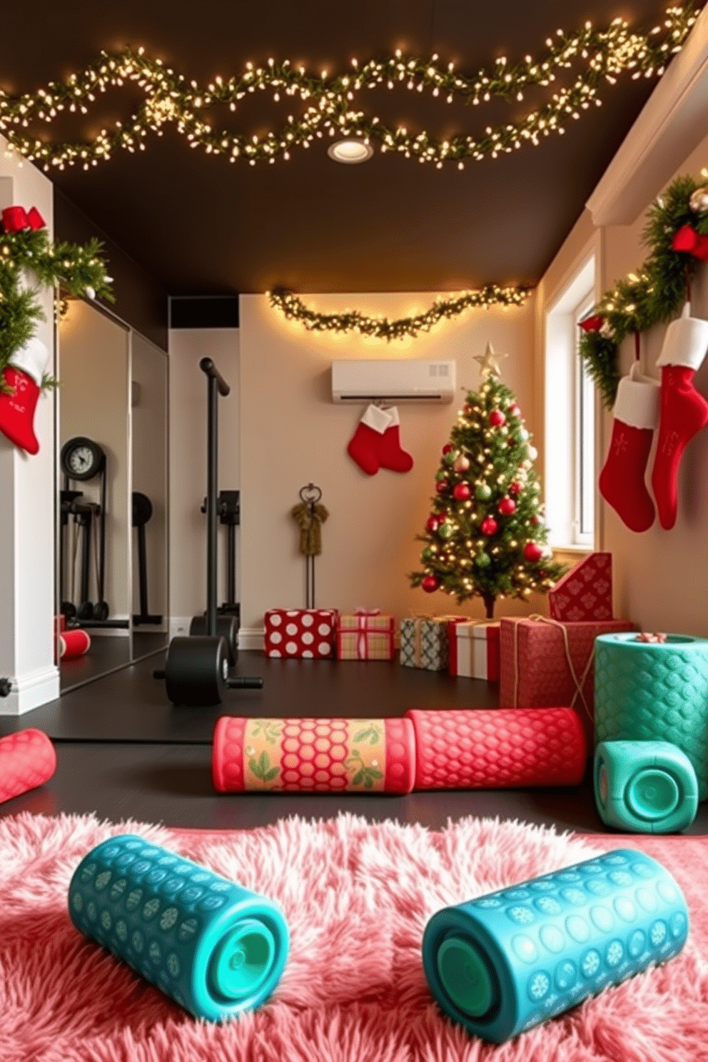 A festive home gym adorned with holiday-themed foam rollers, showcasing vibrant colors and patterns that evoke the spirit of the season. The space features a sleek workout area with a mirrored wall, twinkling fairy lights draped across the ceiling, and a cozy corner with a small Christmas tree. Incorporate cheerful decorations such as garlands and ornaments that complement the gym equipment, creating a motivating yet festive atmosphere. Soft, plush rugs in holiday hues provide comfort underfoot, while stockings hang from the wall, adding a personal touch to the workout space.