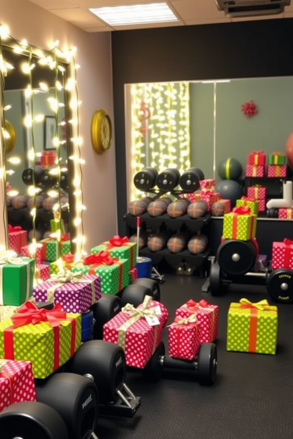 A festive home gym adorned with gift-wrapped weights in vibrant, colorful paper, creating a playful and cheerful atmosphere. The area is illuminated with string lights draped along the walls, enhancing the holiday spirit while maintaining a functional workout space.