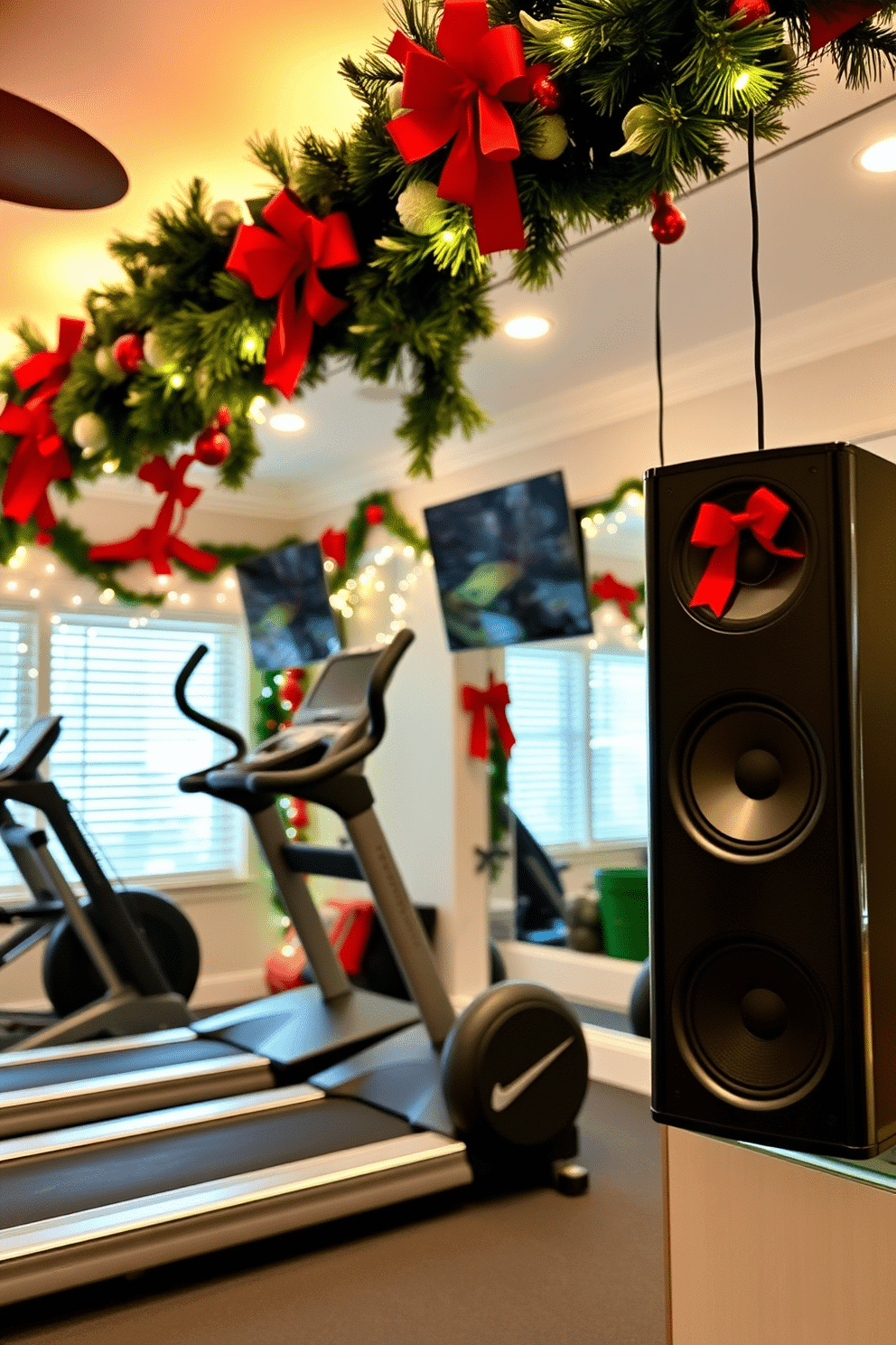 A home gym adorned with festive Christmas decorations. The space is filled with vibrant red and green accents, including garlands draped over the equipment and twinkling string lights along the walls. A sleek sound system is set up to play a Christmas-themed workout playlist. The speakers are positioned strategically to fill the room with cheerful holiday music, motivating you to stay active during the season.