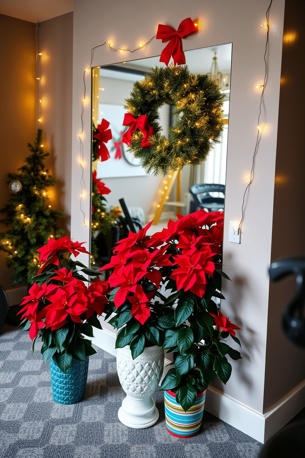 A cozy home gym decorated for Christmas features vibrant poinsettias in decorative pots placed strategically around the space. The walls are adorned with twinkling fairy lights, and a festive wreath hangs on the mirror, creating a cheerful holiday atmosphere.