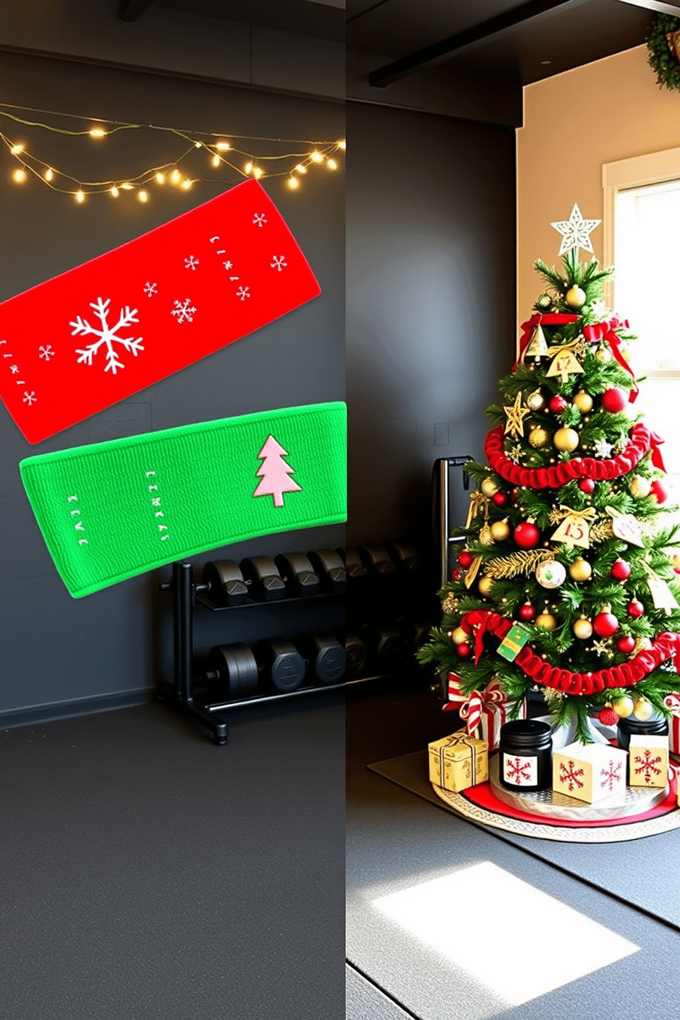 Holiday-themed sweatbands for workouts. Brightly colored sweatbands adorned with festive patterns like snowflakes and Christmas trees, designed for comfort and functionality, perfect for a holiday workout session. Home Gym Christmas Decorating Ideas. A cozy home gym featuring twinkling string lights draped across the ceiling, complemented by a vibrant Christmas tree in the corner, adorned with workout-themed ornaments and festive garlands.