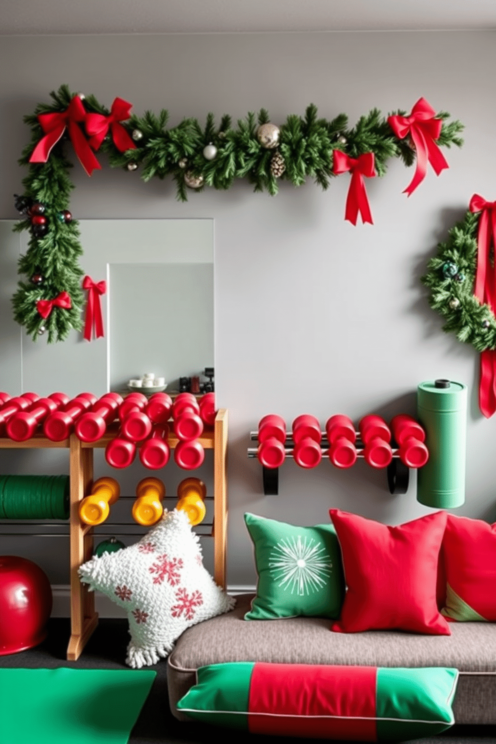 A vibrant home gym adorned with red and green workout gear. The walls are painted in a calming gray, with a large mirror reflecting the space, while a festive garland of pine and red bows is draped across the ceiling. Colorful dumbbells and yoga mats are neatly arranged on a wooden rack, complementing the holiday theme. A cozy seating area features plush cushions in holiday colors, inviting relaxation after a workout.