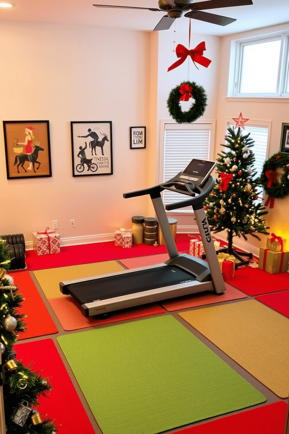 A vibrant home gym adorned with seasonal color scheme gym mats in shades of red, green, and gold, creating a festive atmosphere. The walls are decorated with holiday-themed artwork, and a large Christmas tree stands in the corner, adorned with fitness-themed ornaments. The space features a sleek treadmill and weights, all arranged neatly on the colorful mats. Soft, warm lighting enhances the cozy ambiance, while a few holiday decorations like garlands and wreaths are strategically placed to inspire motivation during workouts.