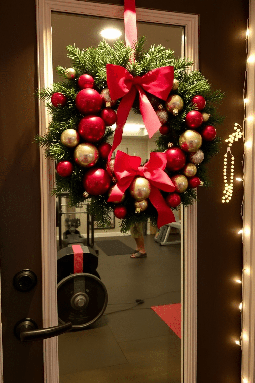 A festive Christmas wreath adorned with red and gold ornaments hangs prominently on the gym door, welcoming everyone with holiday cheer. Inside, the home gym is decorated with twinkling string lights draped along the walls, creating a warm and inviting atmosphere for workouts during the holiday season.