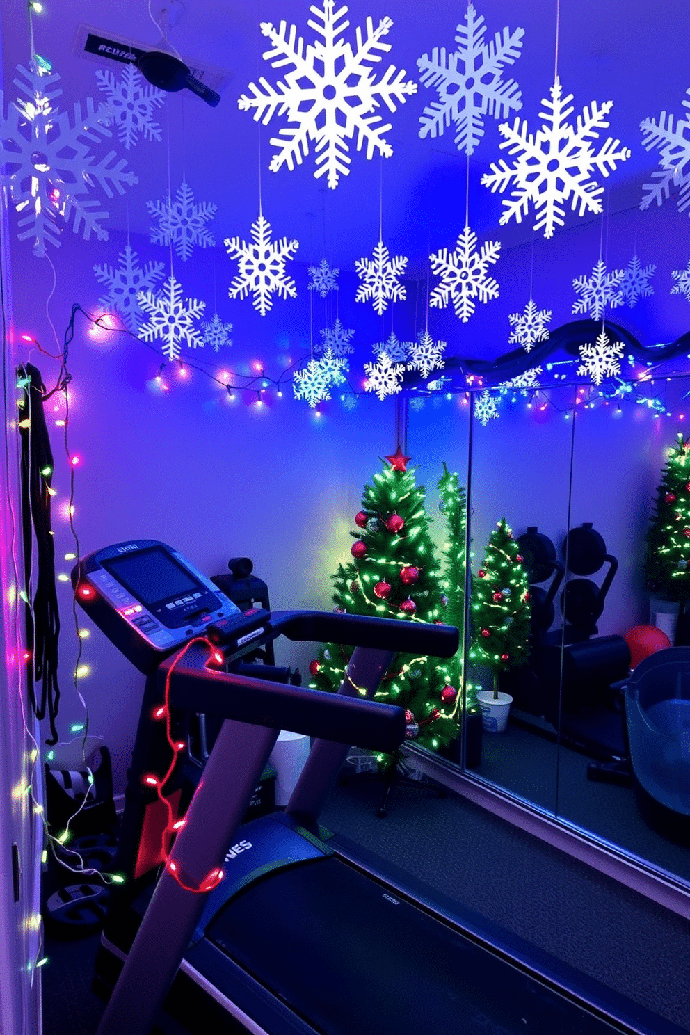 A cozy home gym adorned with festive snowflake decorations hanging from the ceiling, creating a winter wonderland atmosphere. The space features a sleek treadmill and a set of weights, all surrounded by twinkling fairy lights that enhance the holiday spirit. Brightly colored garlands drape over exercise equipment, while a large mirror reflects the cheerful decorations. A small holiday tree sits in the corner, adorned with miniature fitness-themed ornaments, blending holiday cheer with a commitment to health.