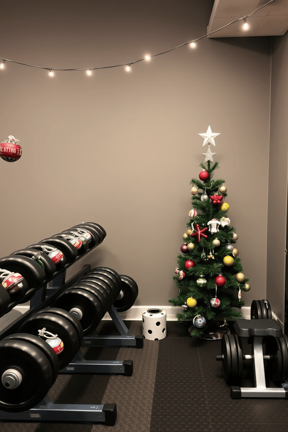 A home gym adorned with personalized ornaments on weight racks creates a festive and motivating atmosphere. The racks are lined with shiny, colorful weights, and each weight features a unique ornament that reflects the owner's personality and interests. The walls of the gym are painted in a calming shade of gray, while string lights twinkle overhead, adding a warm glow to the space. A small Christmas tree stands in one corner, decorated with fitness-themed ornaments, inspiring a joyful workout environment.