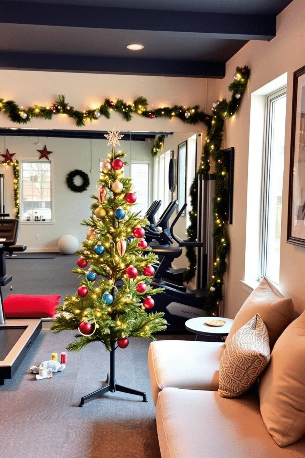 A charming mini Christmas tree stands in the corner of the home gym, adorned with twinkling fairy lights and colorful ornaments. The tree's presence adds a festive touch to the workout space, complementing the sleek exercise equipment and bright, airy atmosphere. Incorporate festive decorations throughout the gym, such as garlands draped over the mirrors and holiday-themed wall art. A cozy seating area with plush cushions and a small table for holiday treats creates an inviting space to relax post-workout.