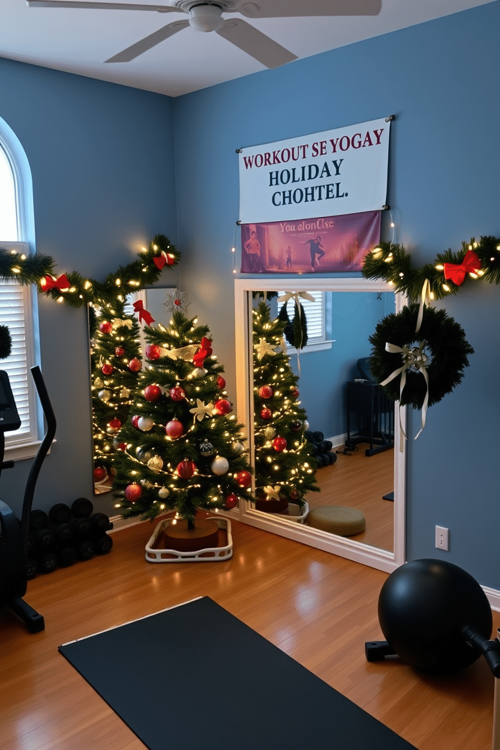 A cozy home gym adorned with festive decorations for the holiday season. The walls are painted in a calming blue, and a large window lets in natural light, illuminating a space filled with exercise equipment. In one corner, a beautifully decorated Christmas tree stands, adorned with workout-themed ornaments and twinkling lights. Festive garlands drape over the mirrors, while a motivational quote banner hangs above the yoga mat area, inspiring fitness and holiday cheer.