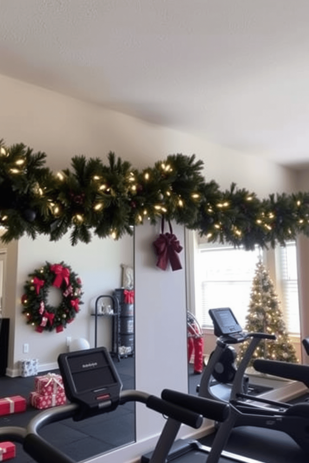 A cozy home gym adorned for Christmas, featuring garlands draped elegantly over large mirrors. The space is filled with festive decorations, including twinkling lights and a vibrant wreath, creating a cheerful atmosphere for workouts.