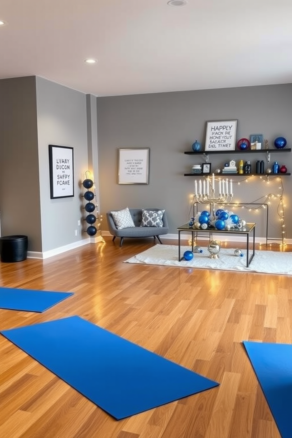 A serene home gym featuring blue and white workout mats laid out on a polished wooden floor. The walls are painted in a soft gray, adorned with motivational artwork and shelves holding fitness accessories. For Hanukkah decorating ideas, envision a cozy living space illuminated by warm, golden lights. A beautifully arranged table displays a menorah, surrounded by blue and silver decorations, creating a festive and inviting atmosphere.