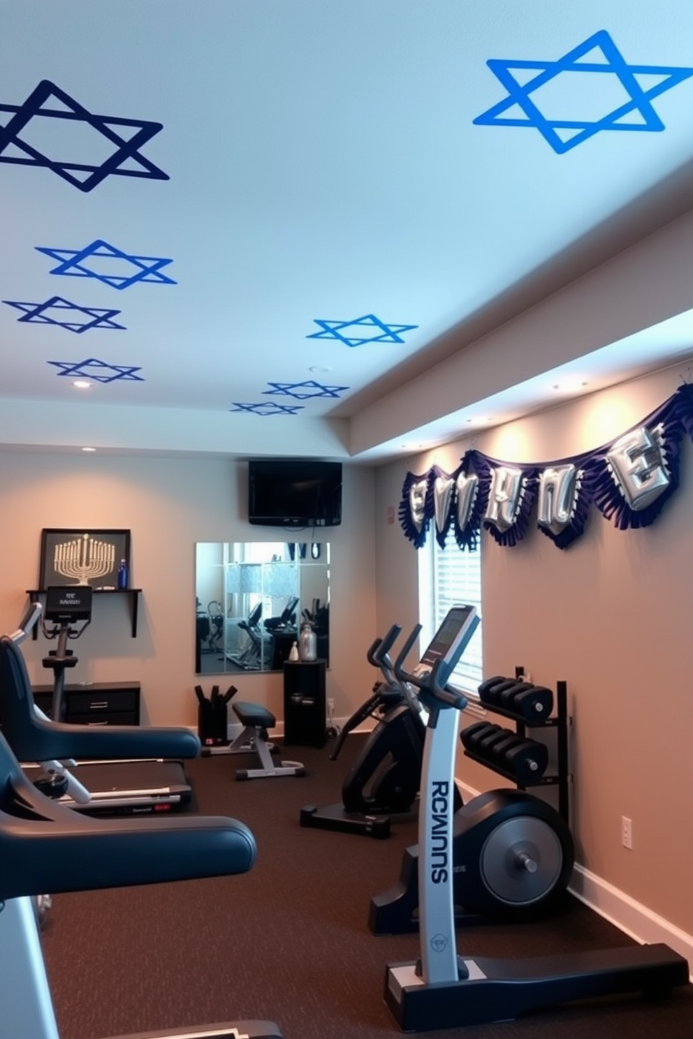 A home gym featuring Star of David ceiling decals that add a unique and personal touch to the space. The gym is equipped with modern fitness equipment, including a treadmill and free weights, all set against a backdrop of calming, neutral colors. For Hanukkah decorating ideas, the gym is adorned with blue and silver accents, including a menorah displayed on a shelf and festive banners hanging along the walls. Soft, ambient lighting enhances the atmosphere, creating a warm and inviting space for both exercise and celebration.