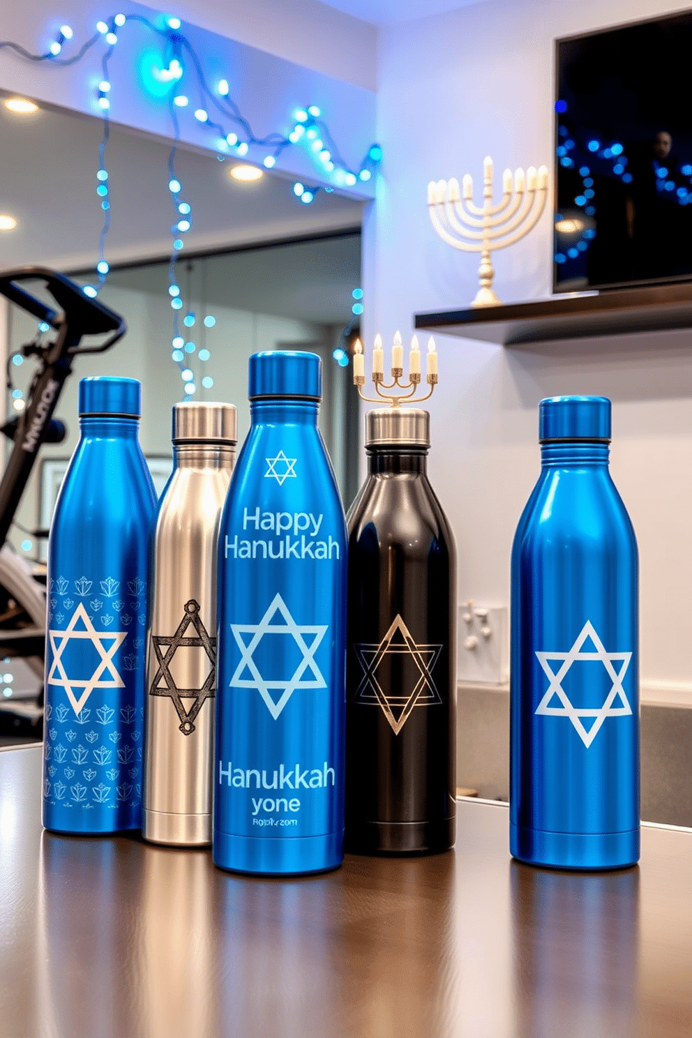 A collection of stylish water bottles designed for Hanukkah celebrations, featuring vibrant blue and silver colors with intricate Star of David patterns. Each bottle has a unique design, some adorned with menorahs and others with festive dreidels, perfect for adding a touch of holiday spirit to any gathering. A modern home gym decorated for Hanukkah, showcasing a blend of fitness equipment and festive elements. The space is illuminated with blue and white string lights, while a menorah is prominently placed on a shelf, creating a harmonious balance between exercise and holiday cheer.