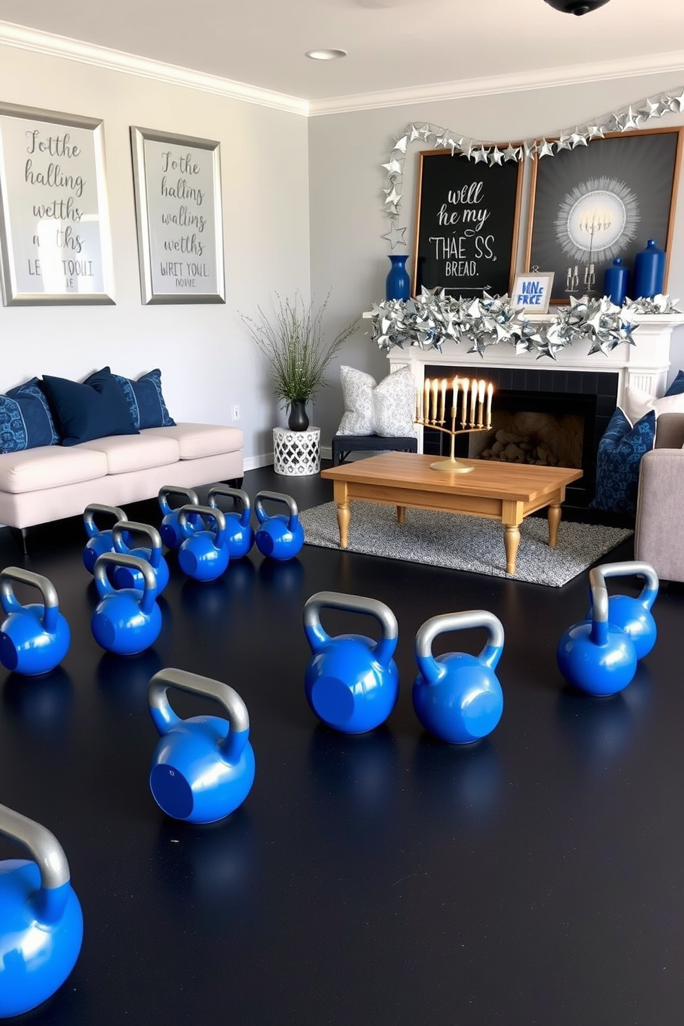 A home gym featuring blue and silver kettlebells arranged neatly on a sleek black rubber floor. The walls are painted in a calming light gray, with motivational quotes framed in silver hanging above the kettlebells. For Hanukkah decorating ideas, a cozy living room adorned with blue and silver accents, including a beautifully lit menorah on a wooden coffee table. The space features plush seating with decorative pillows in shades of blue, and a festive garland of silver stars draped across the mantel.