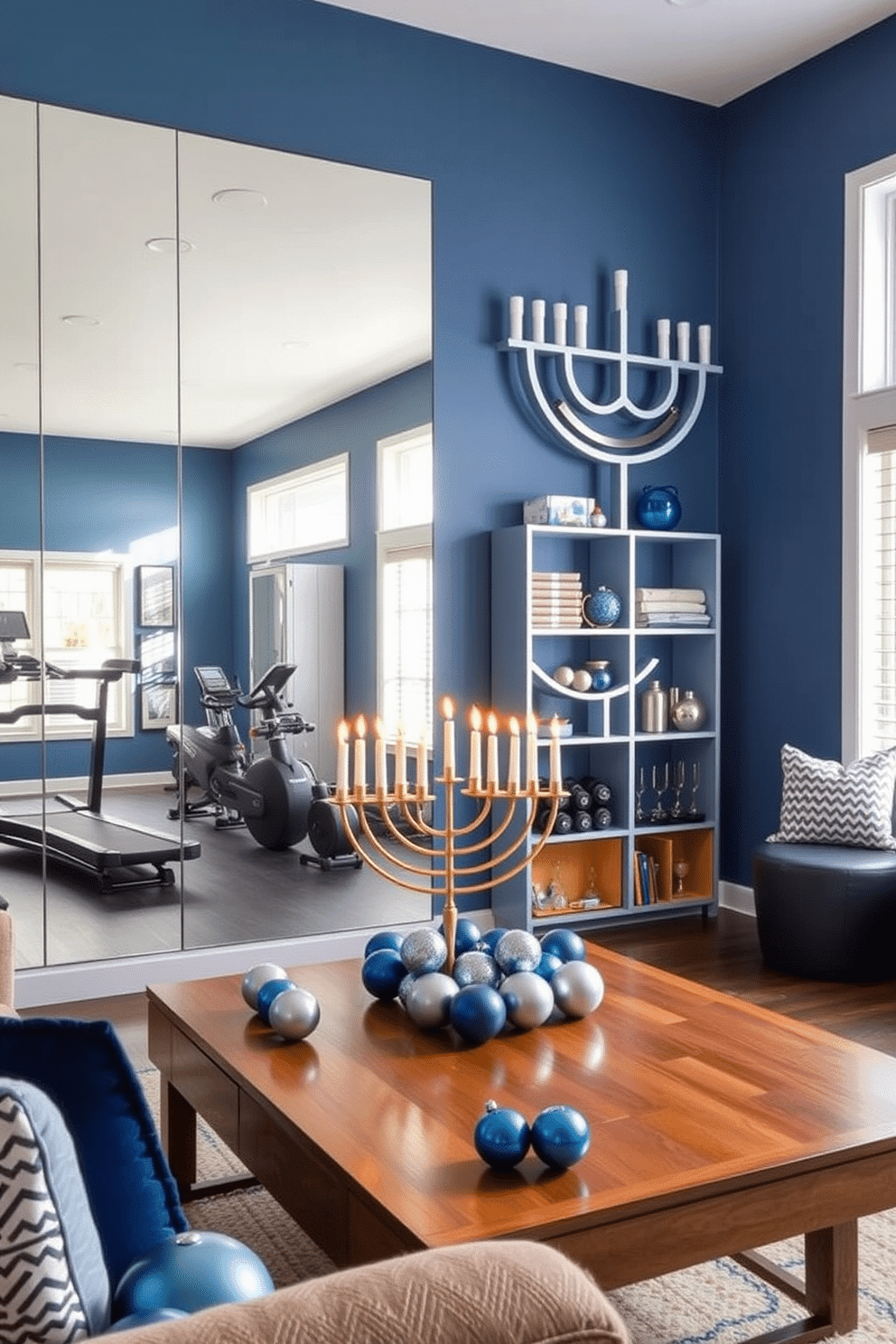 A contemporary home gym featuring menorah-shaped shelving units that elegantly display fitness accessories. The walls are painted in a calming blue hue, with large mirrors reflecting the natural light streaming in from the windows. For Hanukkah decorating ideas, envision a cozy living room adorned with festive decorations. A beautifully lit menorah sits on a wooden coffee table, surrounded by blue and silver ornaments that enhance the seasonal ambiance.