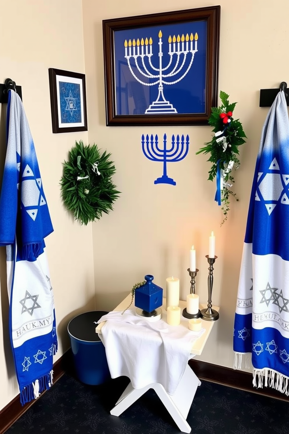 A cozy home gym adorned with Hanukkah-themed decorations, featuring gym towels in shades of blue and silver with Star of David patterns. The walls are decorated with festive menorah art, and a small table holds a decorative dreidel alongside scented candles, creating a warm and inviting atmosphere for workouts during the holiday season.