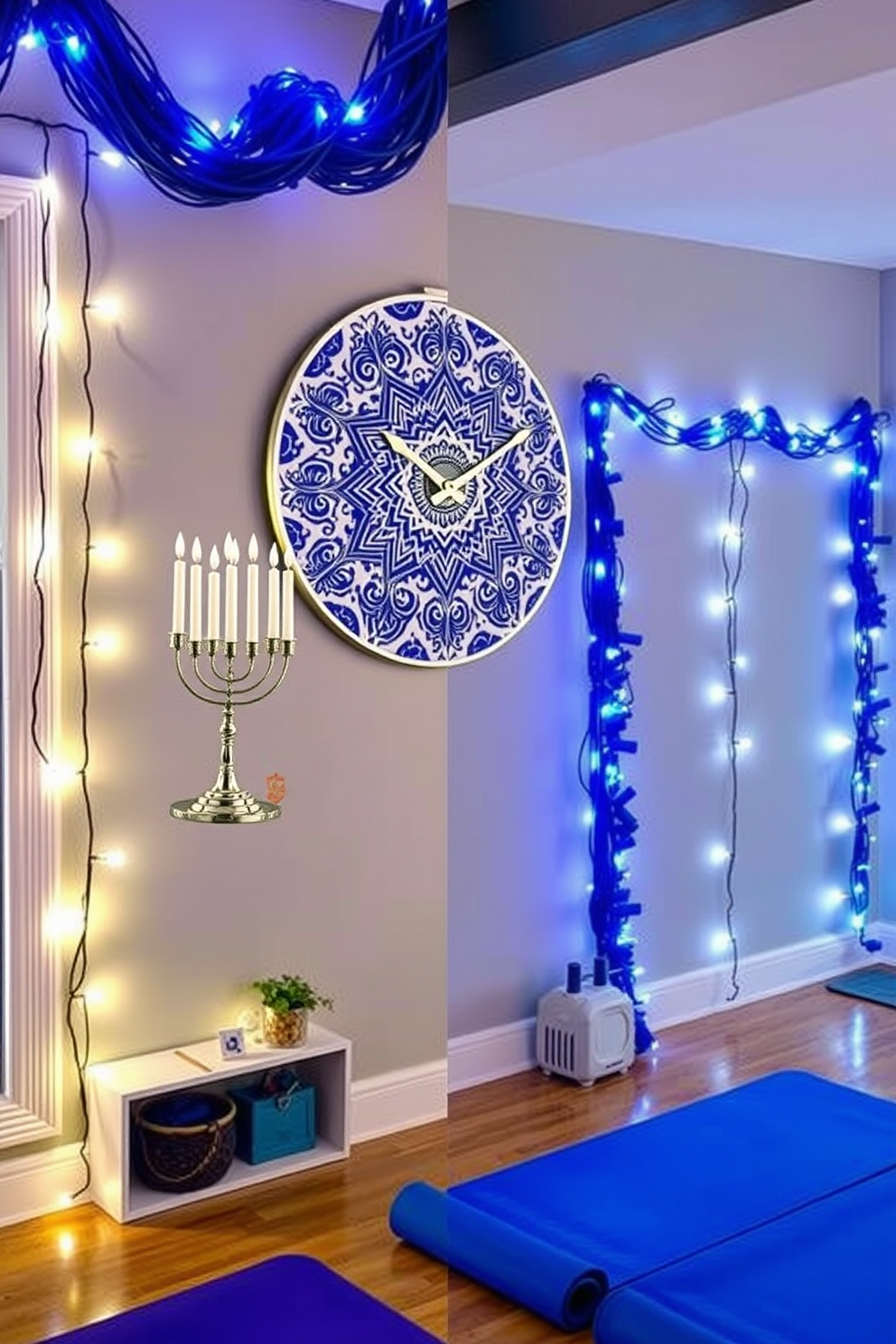 A beautifully designed Hanukkah-themed clock features intricate blue and white patterns reminiscent of traditional menorahs. The clock is adorned with silver accents, and its hands are shaped like dreidels, bringing a festive touch to any room. The home gym is elegantly decorated for Hanukkah with string lights in shades of blue and white, creating a warm and inviting atmosphere. A large menorah stands prominently on a shelf, while yoga mats in festive colors are neatly arranged for a stylish workout space.