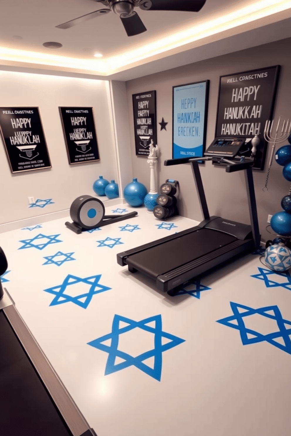 A modern home gym featuring Star of David floor decals in a vibrant blue color. The space includes a sleek treadmill and a set of weights, with motivational posters on the walls celebrating Hanukkah traditions. Incorporate festive Hanukkah decorations, such as a menorah and blue and silver accents, to enhance the atmosphere. Soft lighting creates a welcoming environment, making it perfect for both workouts and holiday celebrations.