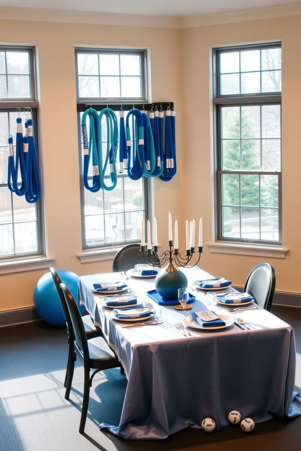 A home gym featuring blue and white jump ropes neatly arranged on a wall-mounted rack. The space is bright and airy, with large windows allowing natural light to flood in, and a rubber flooring that adds comfort for workouts. Elegant Hanukkah decorating ideas that incorporate traditional elements with a modern twist. A beautifully set table adorned with a blue and white color scheme, featuring a menorah at the center and decorative dreidels scattered around, creating a festive atmosphere.