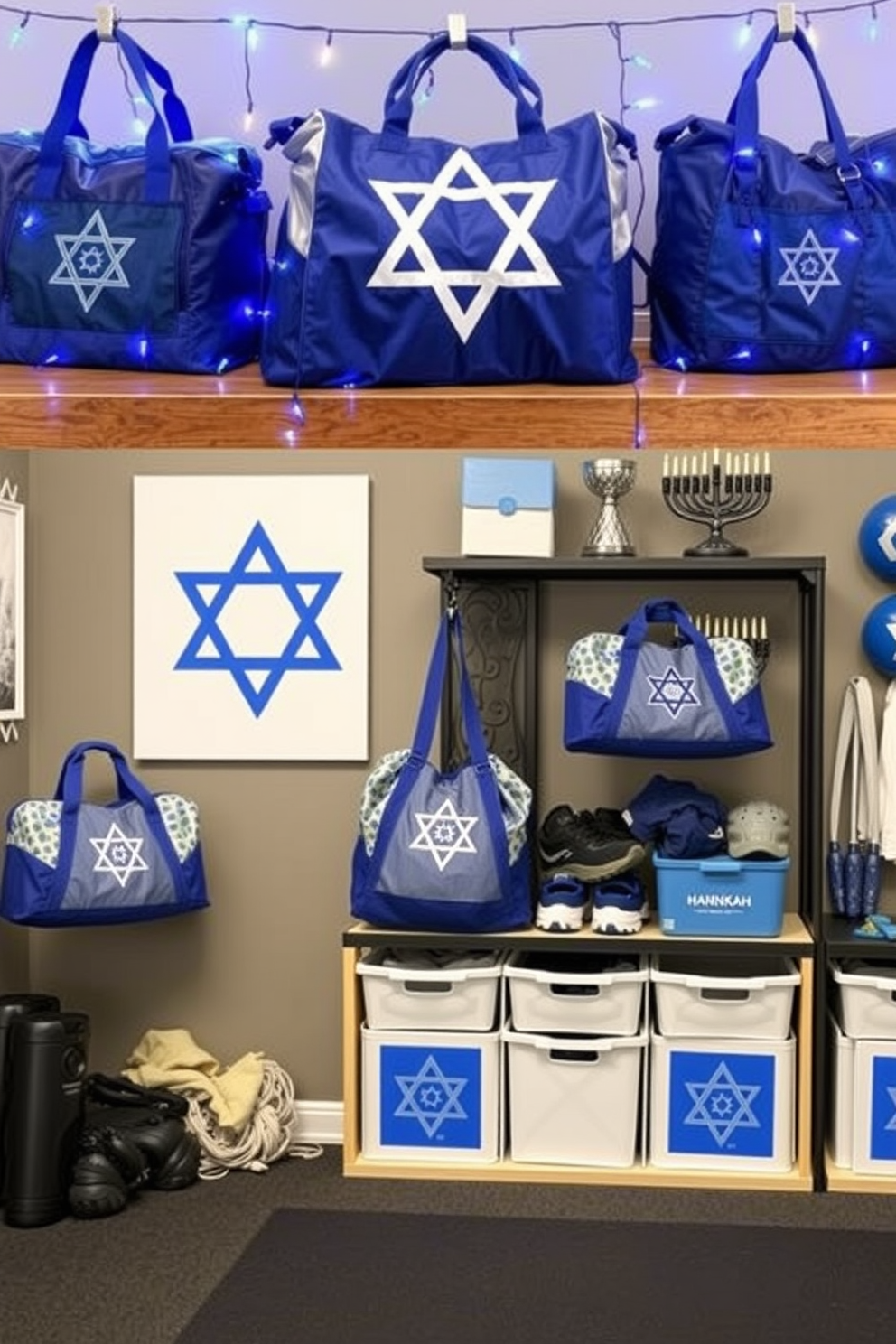 A collection of Hanukkah-themed gym bags, featuring vibrant blue and silver designs inspired by the holiday's traditional colors. Each bag includes symbols like the menorah and dreidel, crafted from durable materials suitable for workouts. A cozy home gym decorated for Hanukkah, with a large Star of David wall art and string lights in blue and white. The space includes festive accents like a menorah on the shelf and workout gear organized in Hanukkah-themed storage bins.