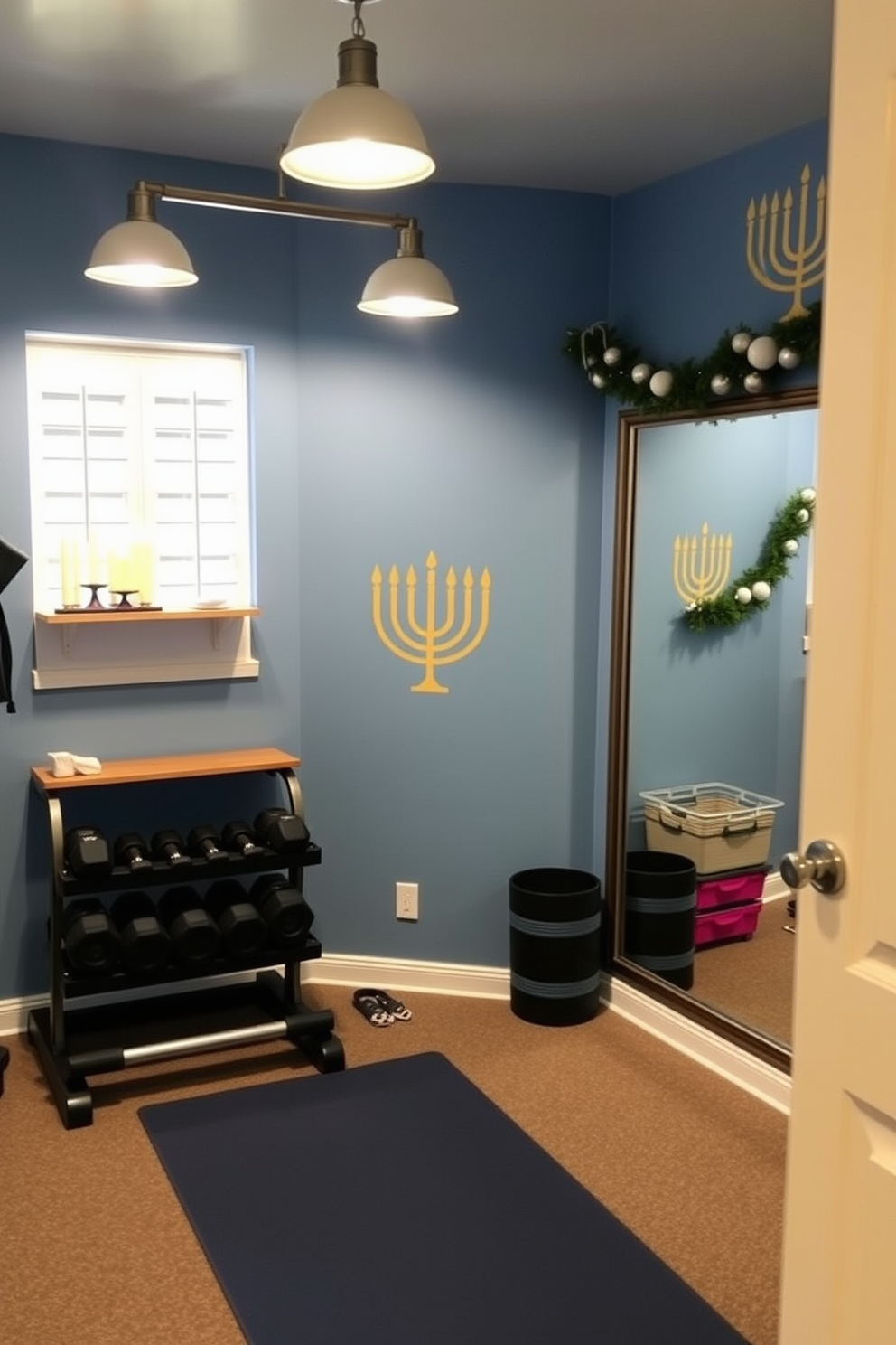 A cozy home gym adorned with Menorah-themed wall decals. The walls are painted in a calming blue hue, and the decals feature elegant gold and silver designs that celebrate Hanukkah. In one corner, a set of weights and a yoga mat are neatly arranged, while a large mirror reflects the warm lighting from overhead fixtures. Decorative elements include a small shelf displaying Hanukkah candles and a festive garland draped across the window.