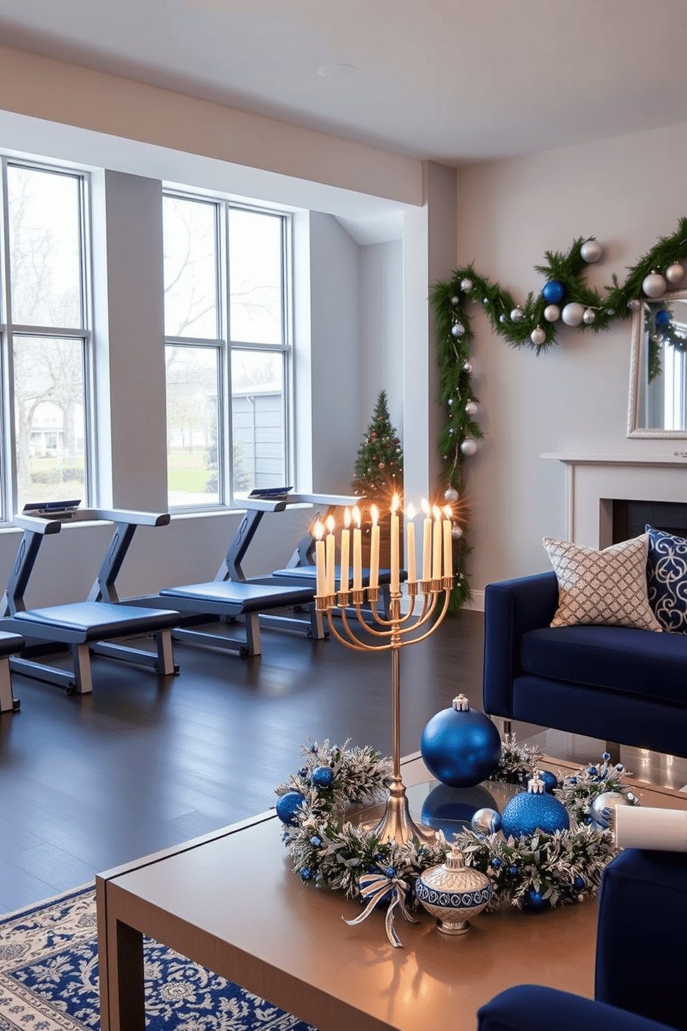 A sleek home gym features blue and silver workout benches arranged neatly against the wall. The space is illuminated by natural light streaming through large windows, creating an inviting atmosphere for fitness enthusiasts. For Hanukkah decorating ideas, envision a cozy living room adorned with blue and silver accents. A beautifully lit menorah sits on the coffee table, surrounded by festive garlands and elegant ornaments that celebrate the holiday spirit.