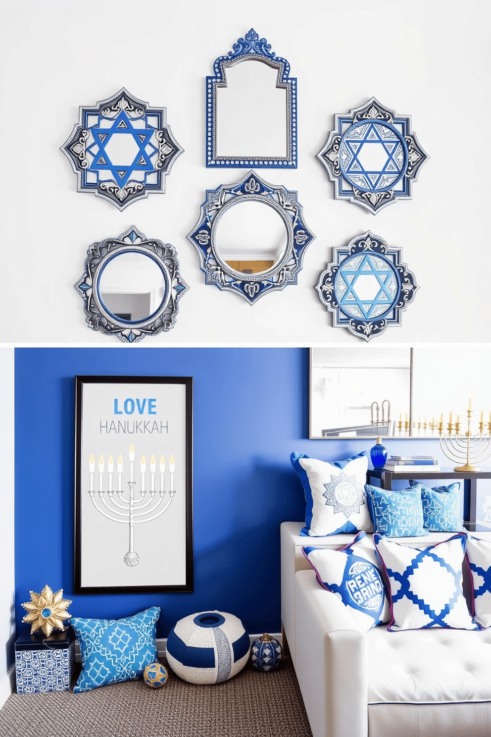 A collection of elegant Hanukkah-themed wall mirrors, each featuring intricate designs inspired by traditional Jewish symbols. The mirrors are framed in rich blue and silver tones, reflecting the festive spirit of the holiday. A stylish home gym decorated for Hanukkah, showcasing vibrant blue and white accents. The space includes motivational wall art featuring Hanukkah motifs, with a cozy seating area adorned with festive cushions and a menorah as a focal point.