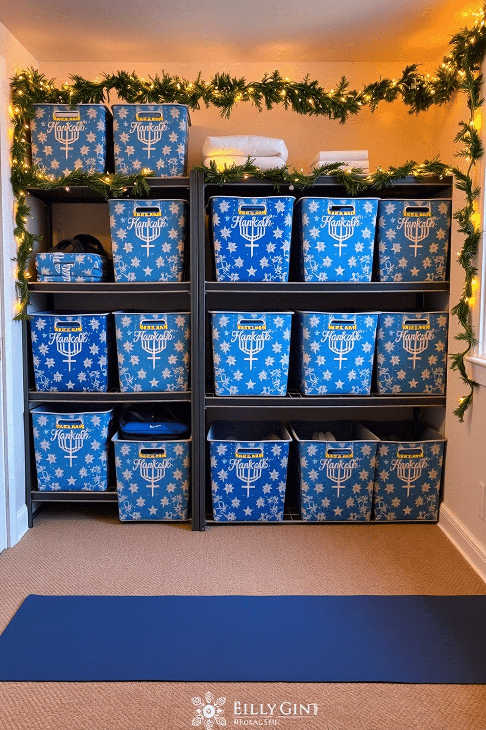 A cozy home gym decorated for Hanukkah features storage bins adorned with blue and silver patterns, showcasing stars and menorahs. The space is illuminated by warm lighting, with a yoga mat rolled out on the floor and festive garlands draped across the walls. The Hanukkah-themed storage bins are neatly arranged on shelves, providing both functionality and holiday spirit. Each bin is labeled in elegant script, making it easy to find workout gear while adding a touch of celebration to the environment.