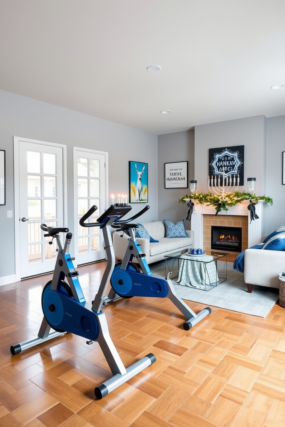 A modern home gym featuring two sleek blue and silver exercise bikes positioned on a polished wooden floor. The walls are painted a calming light gray, adorned with motivational artwork, and large windows allow natural light to flood the space. A festive Hanukkah-themed living room decorated with a beautifully lit menorah on a glass coffee table. The room features a cozy sofa draped with blue and silver throw blankets, and a stunning blue and white dreidel centerpiece is placed on the mantelpiece, surrounded by twinkling fairy lights.