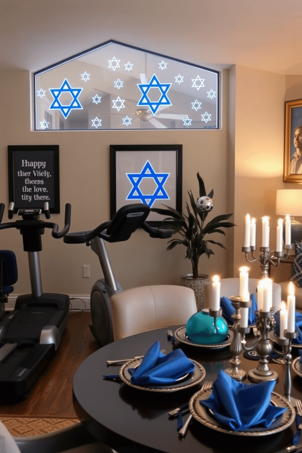 A cozy home gym featuring Star of David window clings that add a festive touch to the space. The gym is equipped with modern exercise equipment, surrounded by motivational wall art and soft lighting that creates an inviting atmosphere. For Hanukkah decorating ideas, envision a warm living room adorned with elegant blue and silver accents. A beautifully set table displays traditional menorah and dreidel decorations, complemented by soft, ambient lighting that enhances the holiday spirit.